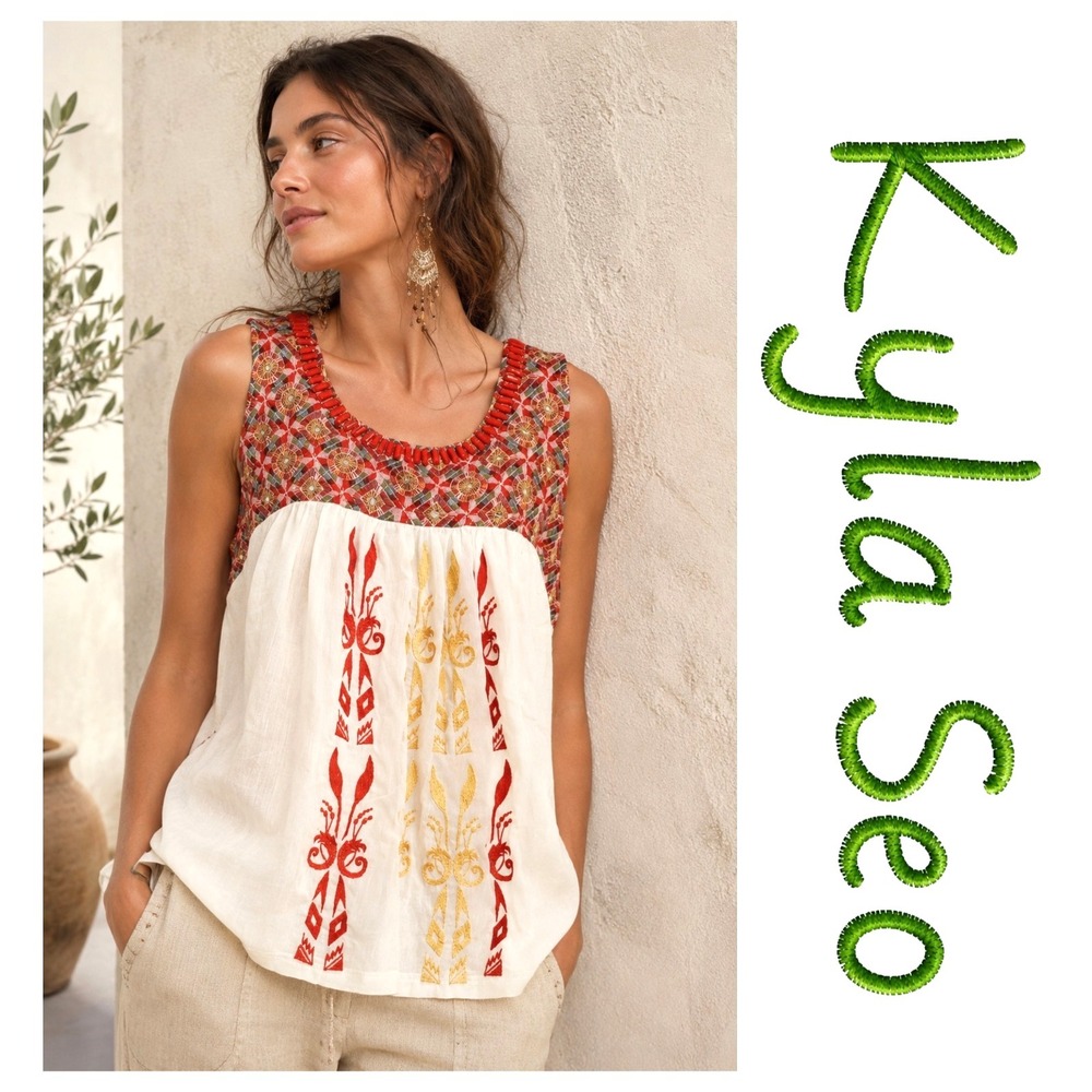 Kyla Seo Embroidered Beaded Chiffon Layered Boho sleeveless Tank Top S